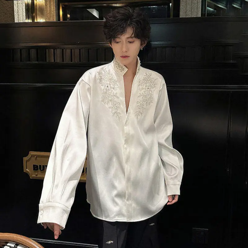 IEFB Niche Design Men's Shirts Sequins Embroidery Solid Color Lapel Casual Long Sleeved Single Breasted Loose Male Tops 9W2390