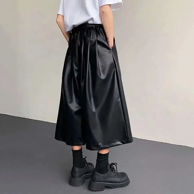IEFB Men's PU Leather Shorts New American Style Wide Leg Solid Color Men Bottoms Male Trendy Loose Seven Quarter Pants 9W1521