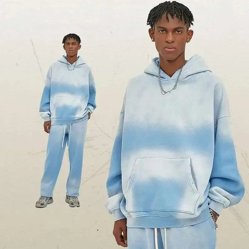 IEFB Washed Male Hoodies Two Piece Set Thickened Tie-dyed Men Wear Hooded Sweatshirt Straight Sweatpants Suit American 9W117