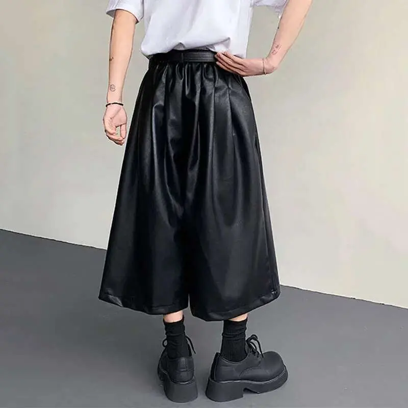 IEFB Men's PU Leather Shorts New American Style Wide Leg Solid Color Men Bottoms Male Trendy Loose Seven Quarter Pants 9W1521