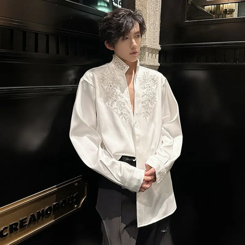 IEFB Niche Design Men's Shirts Sequins Embroidery Solid Color Lapel Casual Long Sleeved Single Breasted Loose Male Tops 9W2390