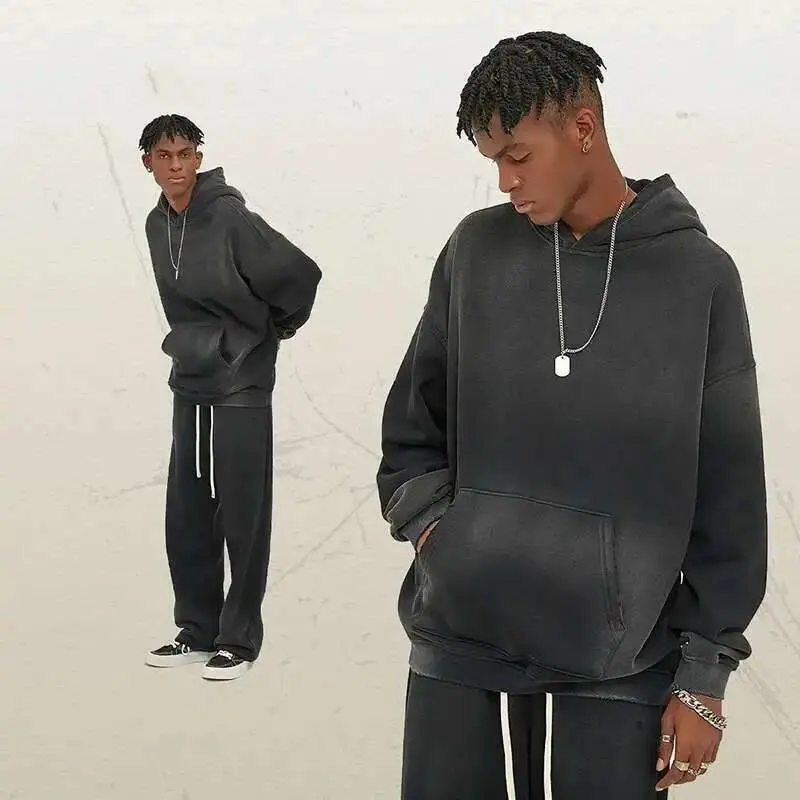 IEFB Washed Male Hoodies Two Piece Set Thickened Tie-dyed Men Wear Hooded Sweatshirt Straight Sweatpants Suit American 9W117