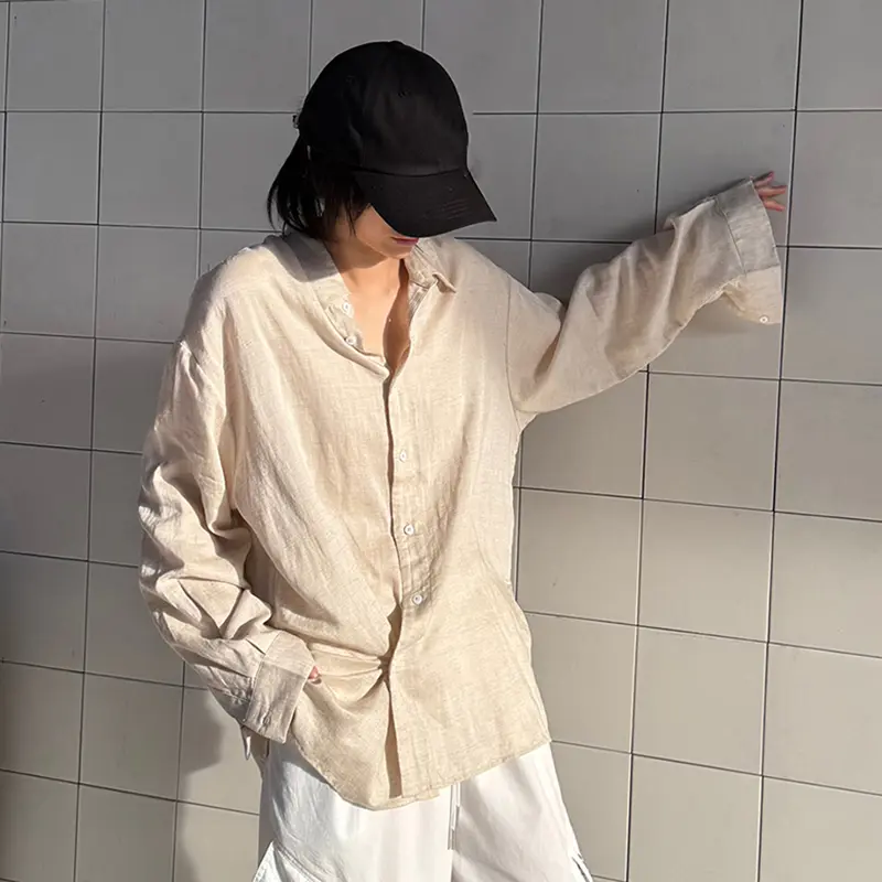 IEFB Korean Style New Chic Men Long Sleeve Shirt Loose Breathable Shirts Trendy Men's Top Solid Color Turn-down Collar 9W3635