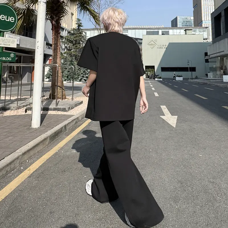 IEFB Men's Pants Set New  Summer Solid Color Splicing Short Sleeve Sweatshirt Straight Leg Trendy  Casual Pants Menwear 9W1797