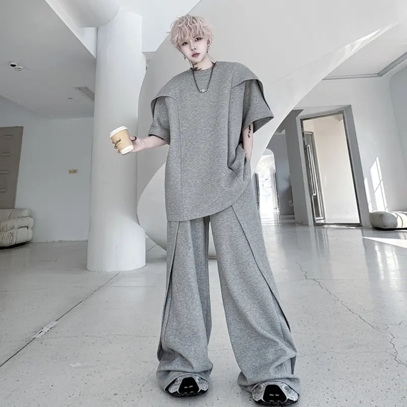 IEFB Men's Pants Set New  Summer Solid Color Splicing Short Sleeve Sweatshirt Straight Leg Trendy  Casual Pants Menwear 9W1797