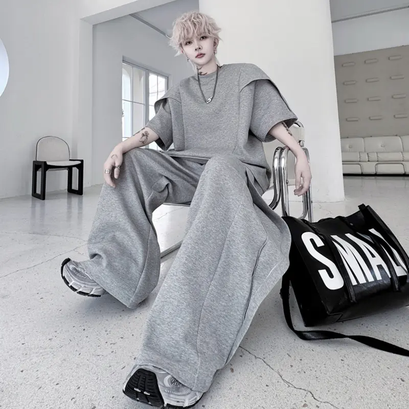 IEFB Men's Pants Set New  Summer Solid Color Splicing Short Sleeve Sweatshirt Straight Leg Trendy  Casual Pants Menwear 9W1797