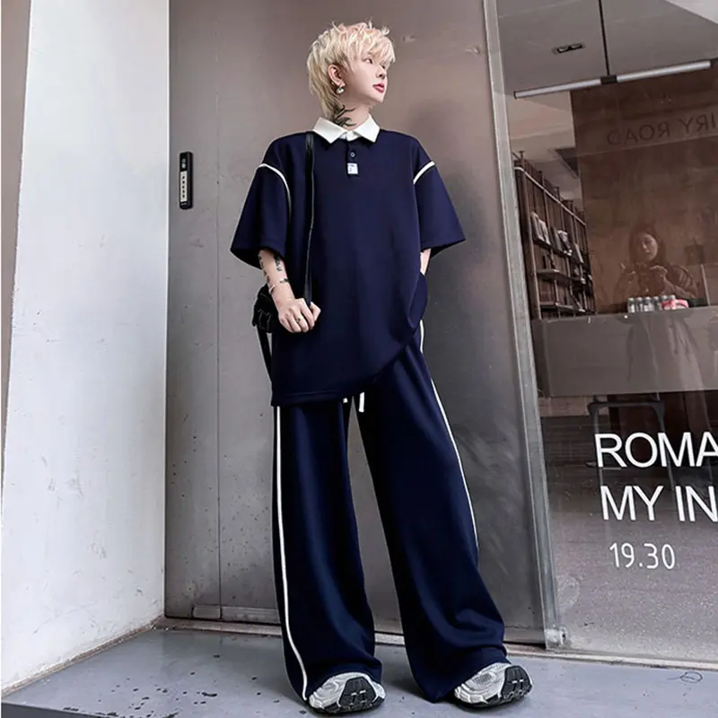 IEFB Niche Design Men's Sets Lapel Contrast Color Short Sleeve T-shirts Edge Covering Drawstring Wide Leg Male Trousers 9W2605