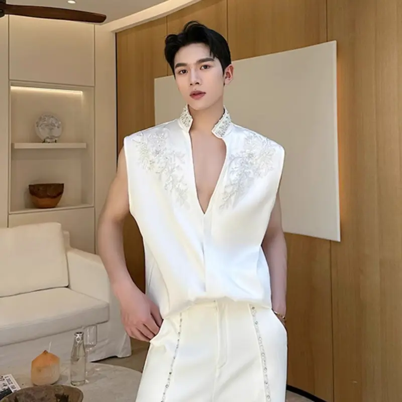 IEFB Men's Sleeveless Shirts New Summer Handmade Pearl Rhinestone Embroidery Jacquard Decoration Stand Collar Male Tees 9W2124