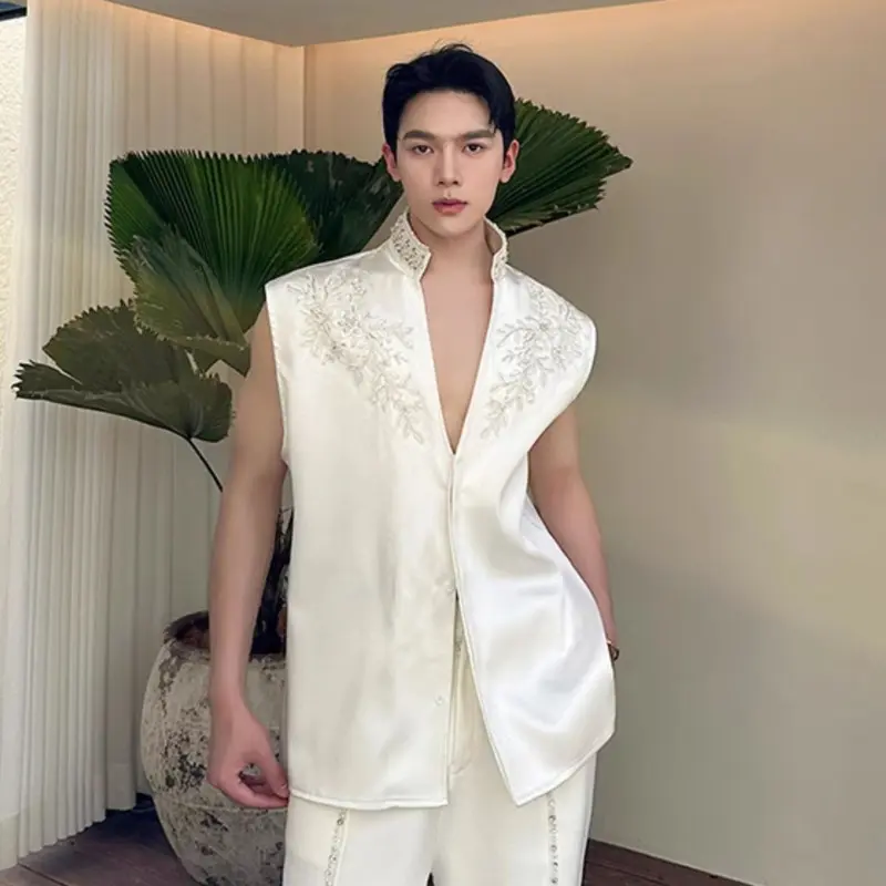 IEFB Men's Sleeveless Shirts New Summer Handmade Pearl Rhinestone Embroidery Jacquard Decoration Stand Collar Male Tees 9W2124