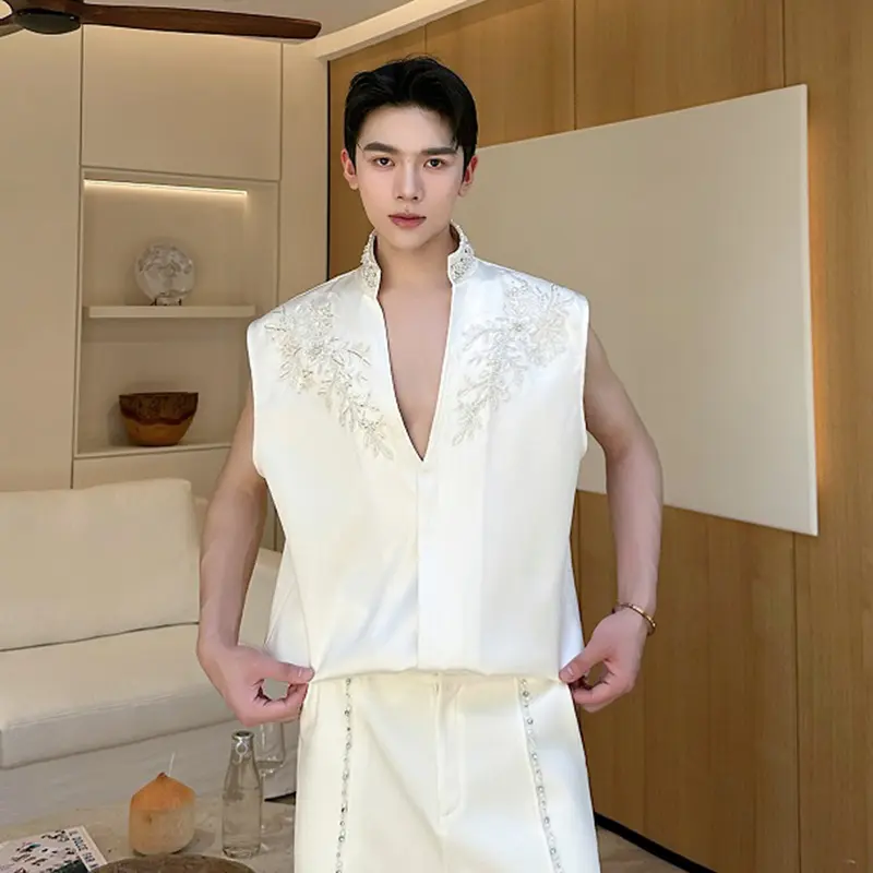 IEFB Men's Sleeveless Shirts New Summer Handmade Pearl Rhinestone Embroidery Jacquard Decoration Stand Collar Male Tees 9W2124