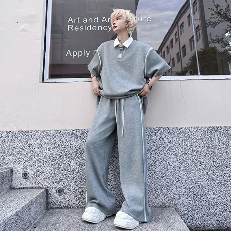 IEFB Niche Design Men's Sets Lapel Contrast Color Short Sleeve T-shirts Edge Covering Drawstring Wide Leg Male Trousers 9W2605