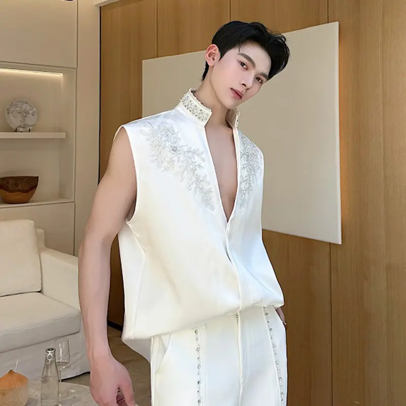 IEFB Men's Sleeveless Shirts New Summer Handmade Pearl Rhinestone Embroidery Jacquard Decoration Stand Collar Male Tees 9W2124