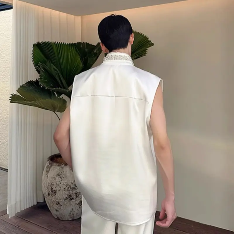 IEFB Men's Sleeveless Shirts New Summer Handmade Pearl Rhinestone Embroidery Jacquard Decoration Stand Collar Male Tees 9W2124