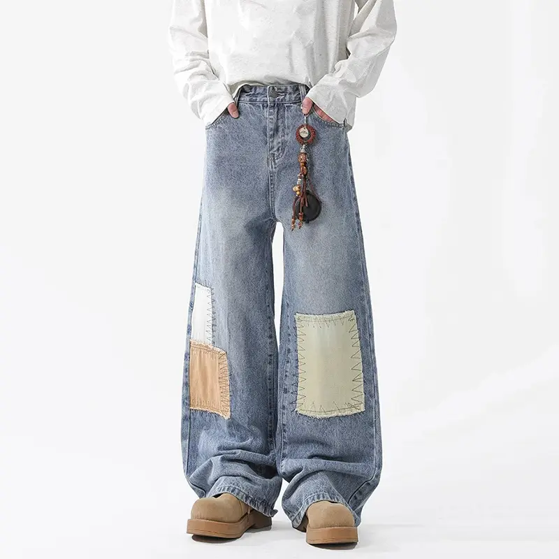IEFB Autumn New Fashion Patchwork Jeans Men American Niche Washed Loose Straight Leg Denim Pants Baggy Streetwear Male 9W3966