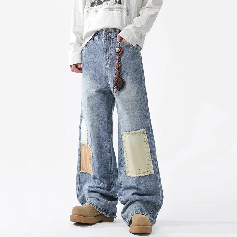IEFB Autumn New Fashion Patchwork Jeans Men American Niche Washed Loose Straight Leg Denim Pants Baggy Streetwear Male 9W3966