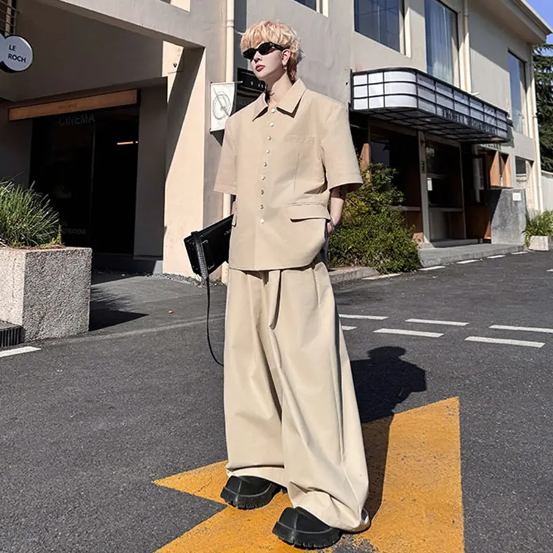 IEFB New Trendy Men's Two-piece Lapel Solid Color Single Breasted Short Sleeved Casual Blazers Wide Leg Male Trousers 9W2313