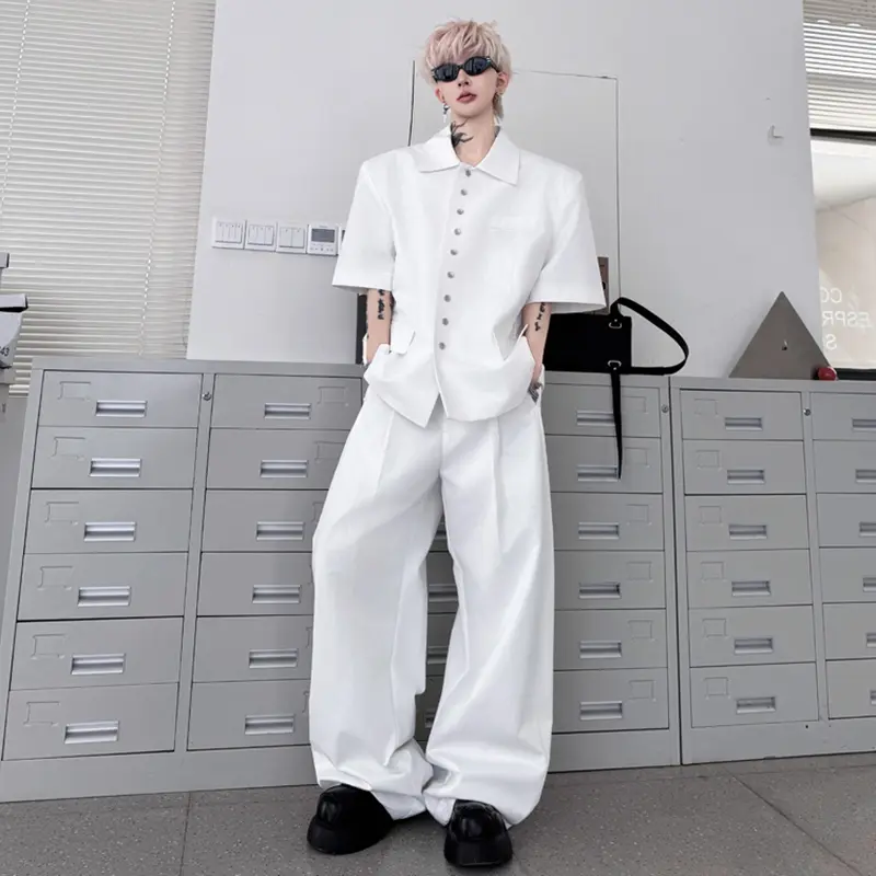 IEFB New Trendy Men's Two-piece Lapel Solid Color Single Breasted Short Sleeved Casual Blazers Wide Leg Male Trousers 9W2313
