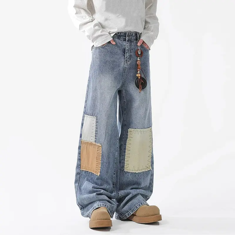 IEFB Autumn New Fashion Patchwork Jeans Men American Niche Washed Loose Straight Leg Denim Pants Baggy Streetwear Male 9W3966