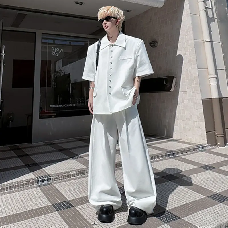 IEFB New Trendy Men's Two-piece Lapel Solid Color Single Breasted Short Sleeved Casual Blazers Wide Leg Male Trousers 9W2313