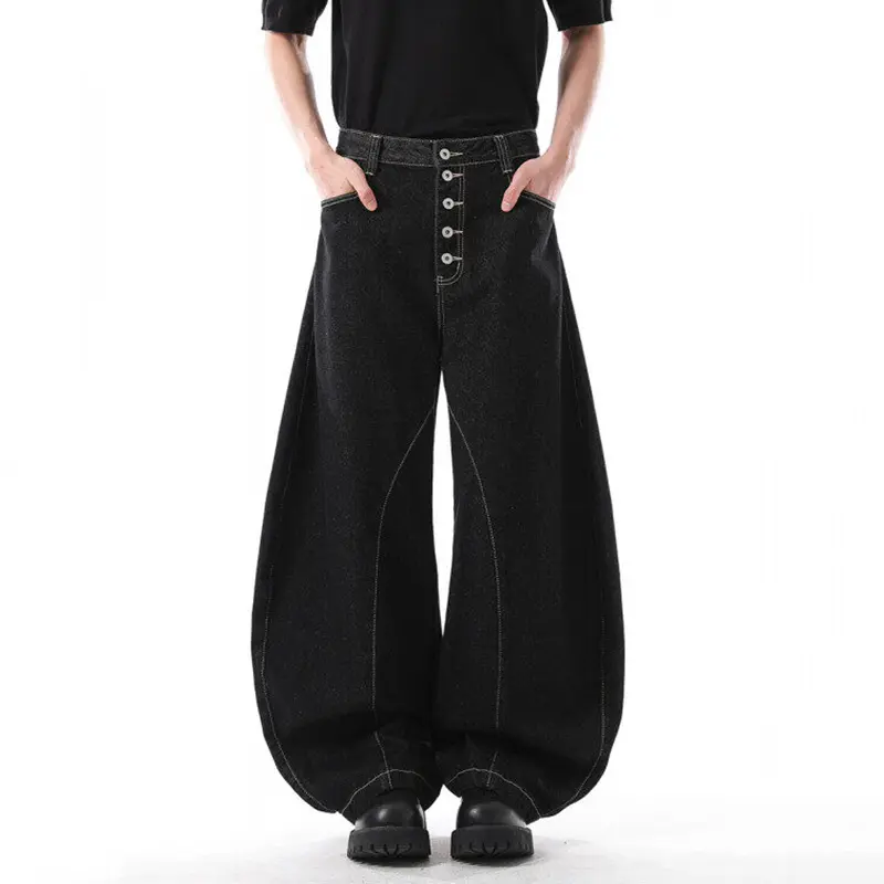 IEFB Solid Color Men's Denim Trousers Button Design Niche Cleanfit Curved Knife Pants Wide Leg Simple Male Jeans Simple 9W3316