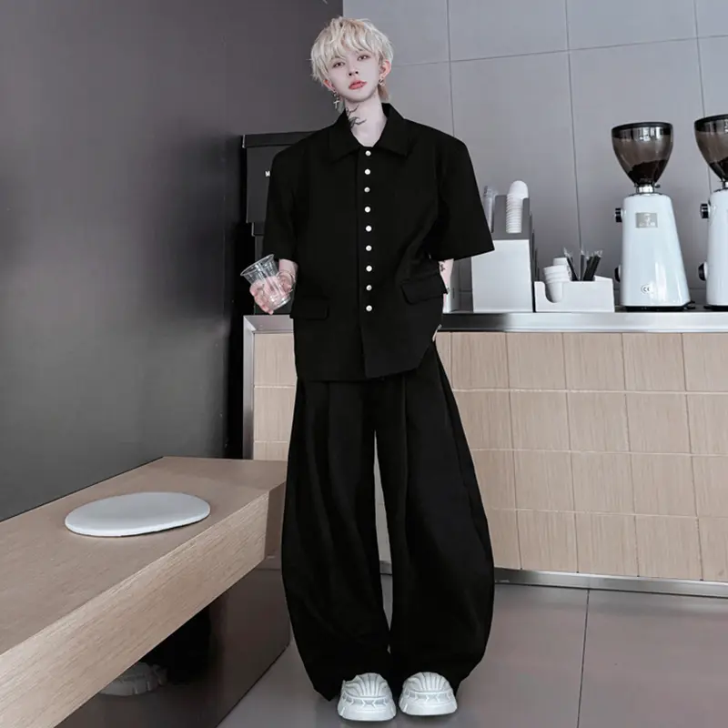 IEFB New Trendy Men's Two-piece Lapel Solid Color Single Breasted Short Sleeved Casual Blazers Wide Leg Male Trousers 9W2313