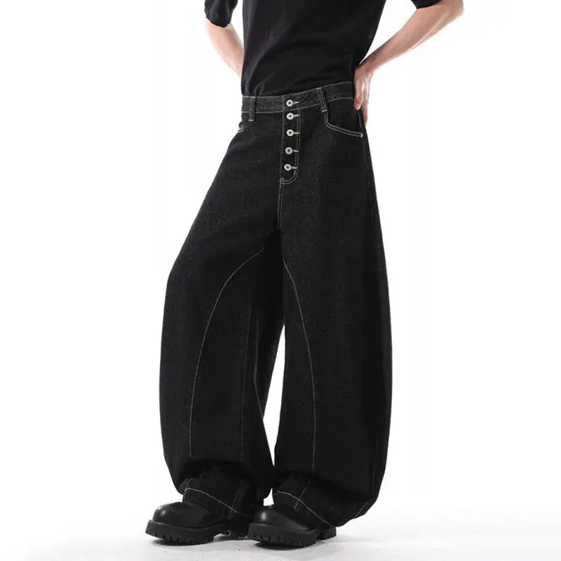 IEFB Solid Color Men's Denim Trousers Button Design Niche Cleanfit Curved Knife Pants Wide Leg Simple Male Jeans Simple 9W3316