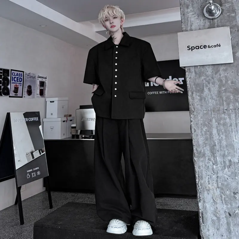 IEFB New Trendy Men's Two-piece Lapel Solid Color Single Breasted Short Sleeved Casual Blazers Wide Leg Male Trousers 9W2313