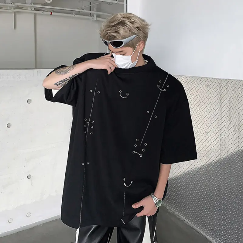 IEFB New Fashion Men's Tees Round Neck Metal Rivets Decoration Solid Color Casual Shoulder Padded Short Sleeve Male Tops 9W2554