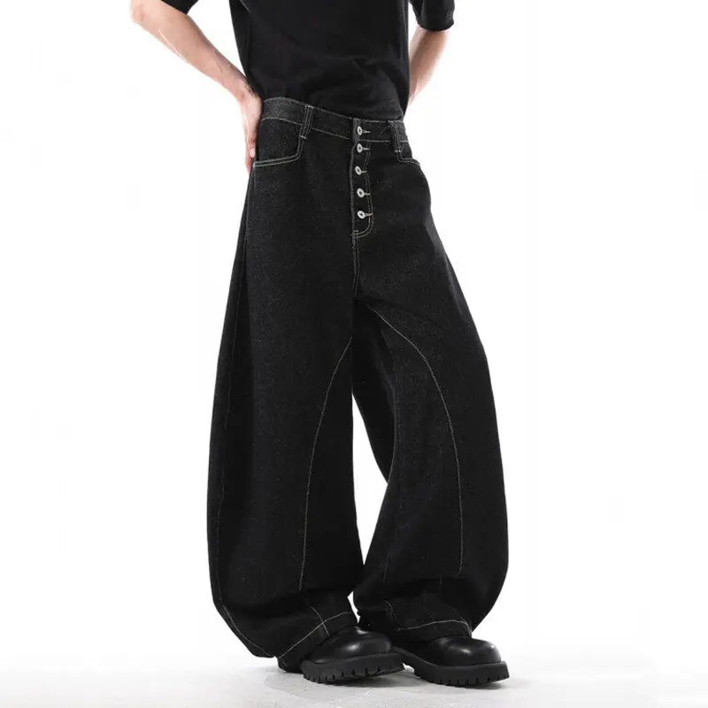 IEFB Solid Color Men's Denim Trousers Button Design Niche Cleanfit Curved Knife Pants Wide Leg Simple Male Jeans Simple 9W3316