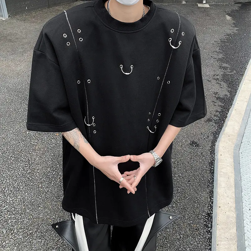 IEFB New Fashion Men's Tees Round Neck Metal Rivets Decoration Solid Color Casual Shoulder Padded Short Sleeve Male Tops 9W2554
