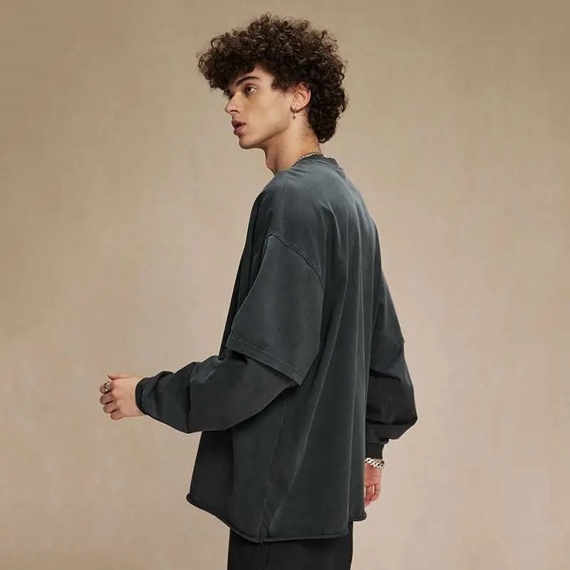IEFB Spring Trendy Men's Top Fake Two Piece Curled Edge Round Neck Long Sleeve T-shirt Men Tie Dyeing Washed Streetwear 9W124