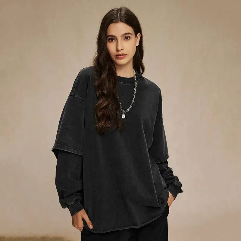 IEFB Spring Trendy Men's Top Fake Two Piece Curled Edge Round Neck Long Sleeve T-shirt Men Tie Dyeing Washed Streetwear 9W124