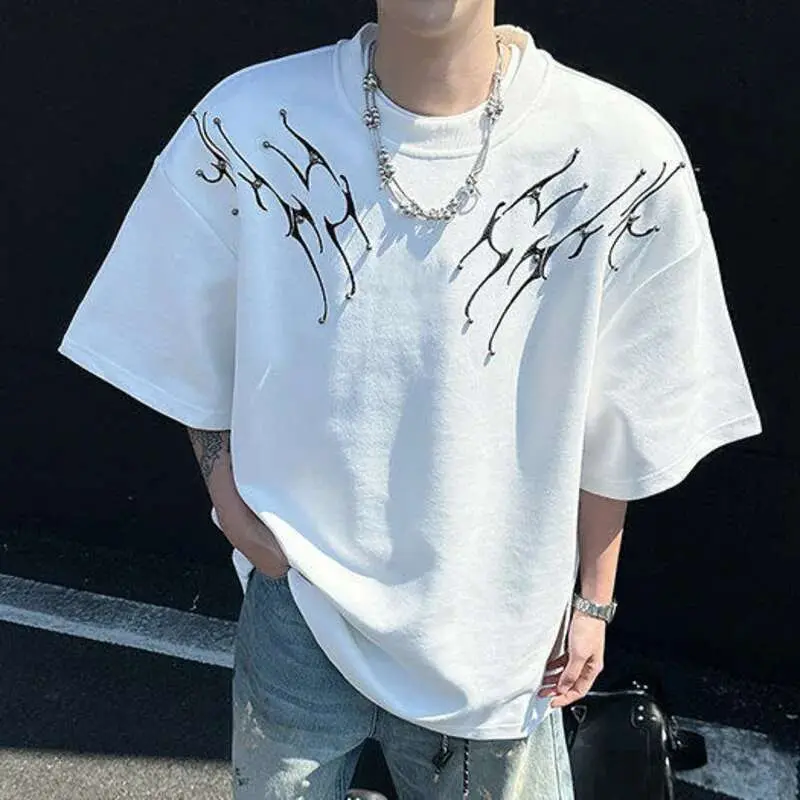 IEFB Men's T-shirts Short Sleeve New Krorean Fashion Embroidery Nail Pad Shoulder Decoration Tide Male Pullover Top 9W1664