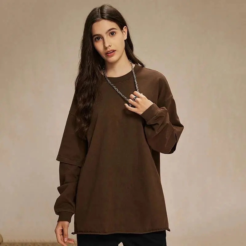 IEFB Spring Trendy Men's Top Fake Two Piece Curled Edge Round Neck Long Sleeve T-shirt Men Tie Dyeing Washed Streetwear 9W124