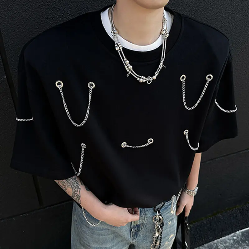 IEFB Men's Shorts Sleeve T-shirts Shoulder Pad Trendy Multi Chains Design Pullover Solid Color Male Summer New Tees 9W2010
