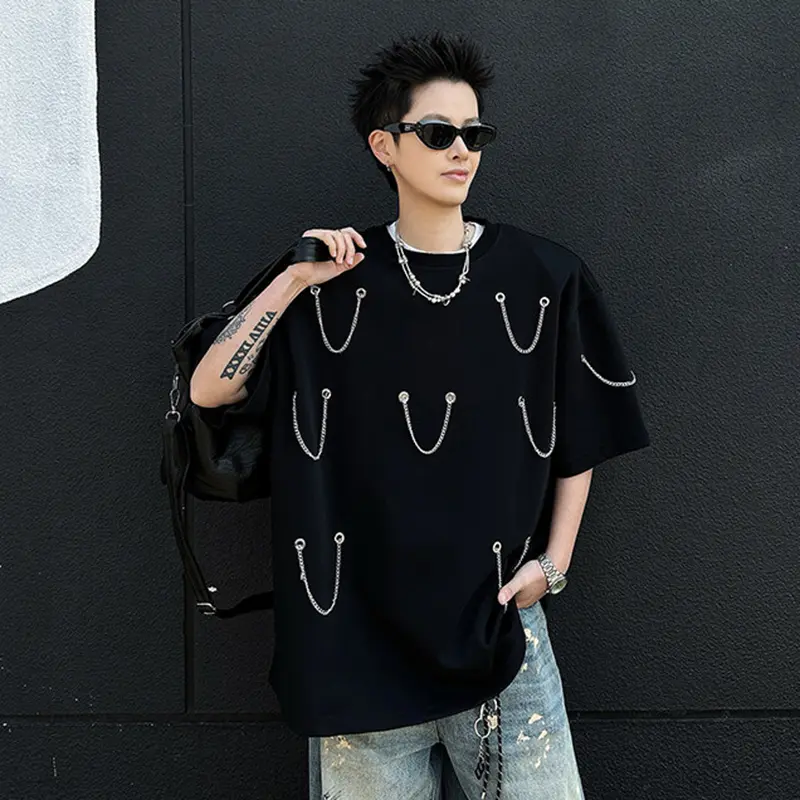 IEFB Men's Shorts Sleeve T-shirts Shoulder Pad Trendy Multi Chains Design Pullover Solid Color Male Summer New Tees 9W2010