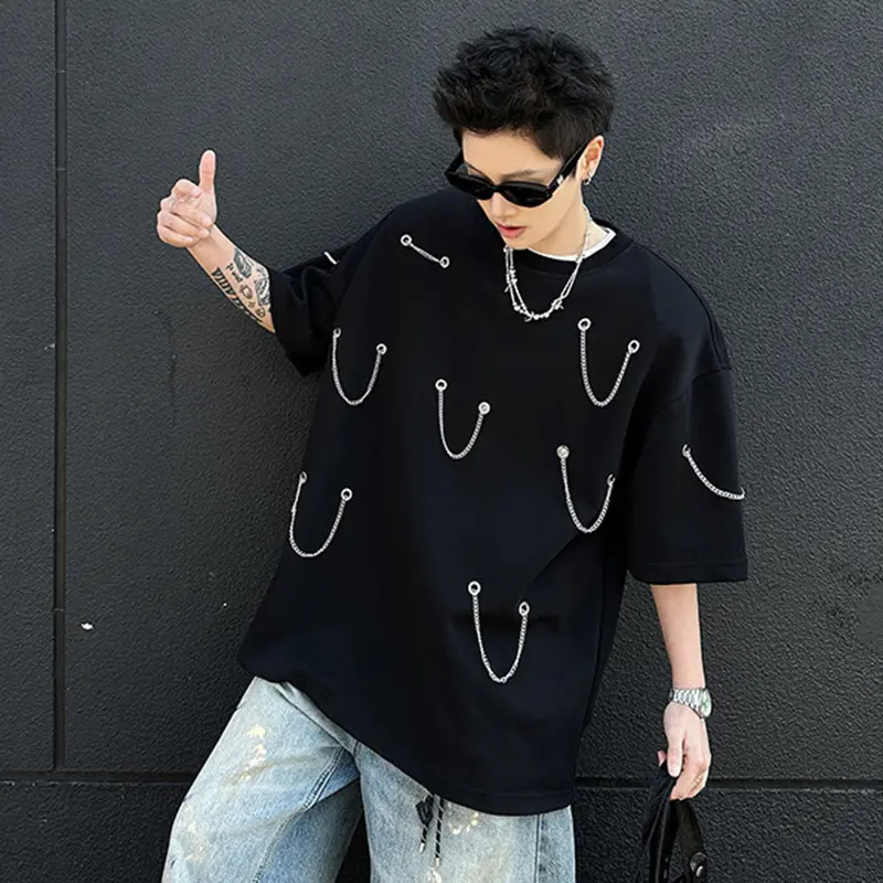 IEFB Men's Shorts Sleeve T-shirts Shoulder Pad Trendy Multi Chains Design Pullover Solid Color Male Summer New Tees 9W2010