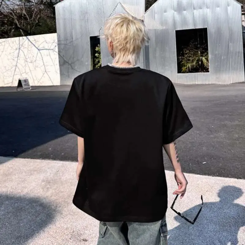 IEFB New Summer Male Short Sleeved T-shirts Round Neck Collar Contrast Color Lines Decoration Loose Menwear Shoulder Pad 9W1496
