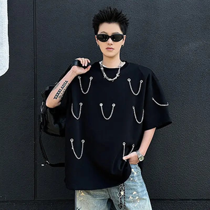IEFB Men's Shorts Sleeve T-shirts Shoulder Pad Trendy Multi Chains Design Pullover Solid Color Male Summer New Tees 9W2010