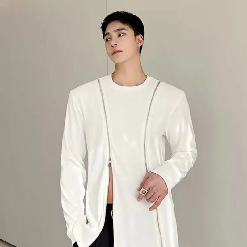 IEFB Fashion Men's Tees Round Neck Double Zipper Splicing Solid Color Long Sleeved Casual Pullover Male Loose T-shirts 9A7672