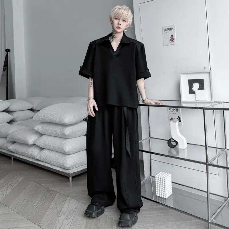 IEFB Contrast Color Men's Sets Lapel Short Sleeve Male T-shirts Belt Design Patchwork Loose Wide Leg Trousers Summer 9W2308