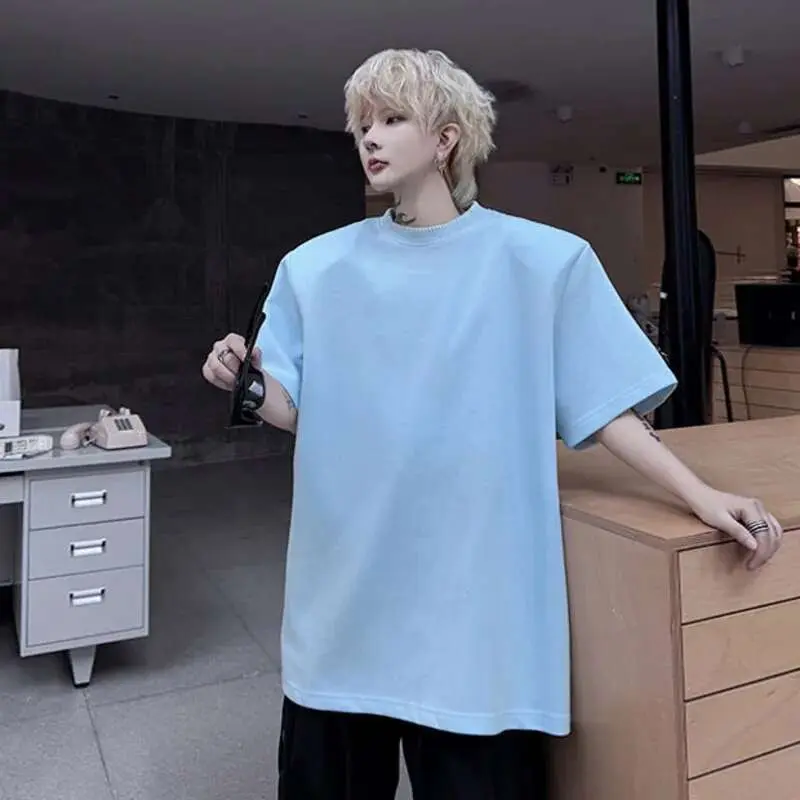 IEFB New Summer Male Short Sleeved T-shirts Round Neck Collar Contrast Color Lines Decoration Loose Menwear Shoulder Pad 9W1496