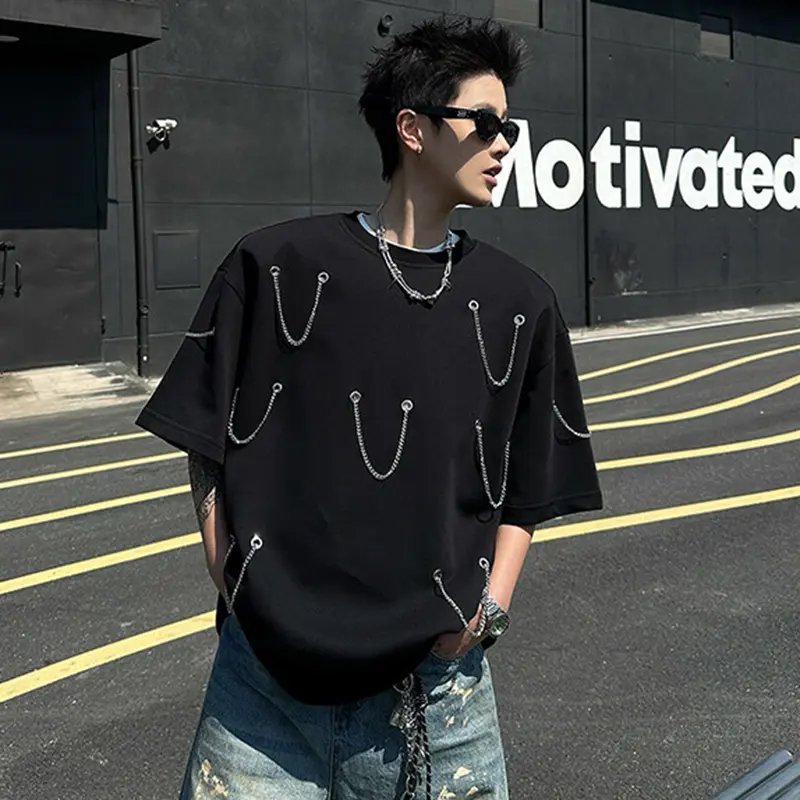 IEFB Men's Shorts Sleeve T-shirts Shoulder Pad Trendy Multi Chains Design Pullover Solid Color Male Summer New Tees 9W2010