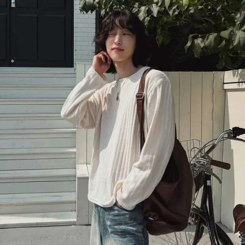 IEFB Versatile Pit Stripe T-shirt Long Sleeve Men's Spring Solid Color Round Neck Korean Edition Loose Male Pullover Tees 9W1028