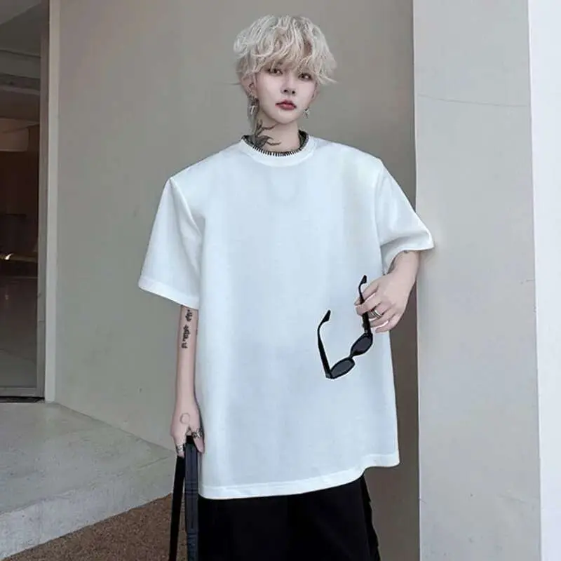 IEFB New Summer Male Short Sleeved T-shirts Round Neck Collar Contrast Color Lines Decoration Loose Menwear Shoulder Pad 9W1496