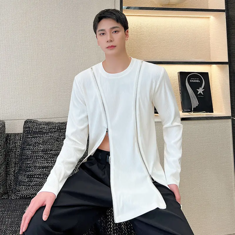 IEFB Fashion Men's Tees Round Neck Double Zipper Splicing Solid Color Long Sleeved Casual Pullover Male Loose T-shirts 9A7672