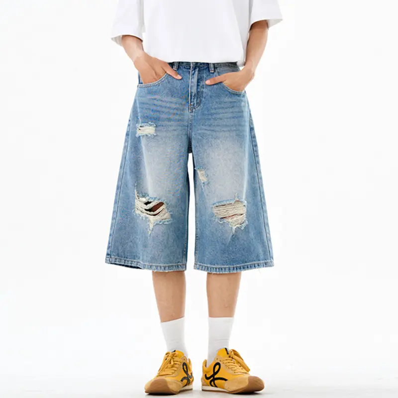 IEFB New Stylish Male Denim Shorts Men's Summer American Style Washed Light Blue Ripped Cropped Jeans Loose Fit Hole 9W3239