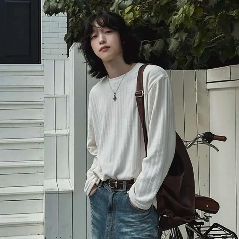 IEFB Versatile Pit Stripe T-shirt Long Sleeve Men's Spring Solid Color Round Neck Korean Edition Loose Male Pullover Tees 9W1028