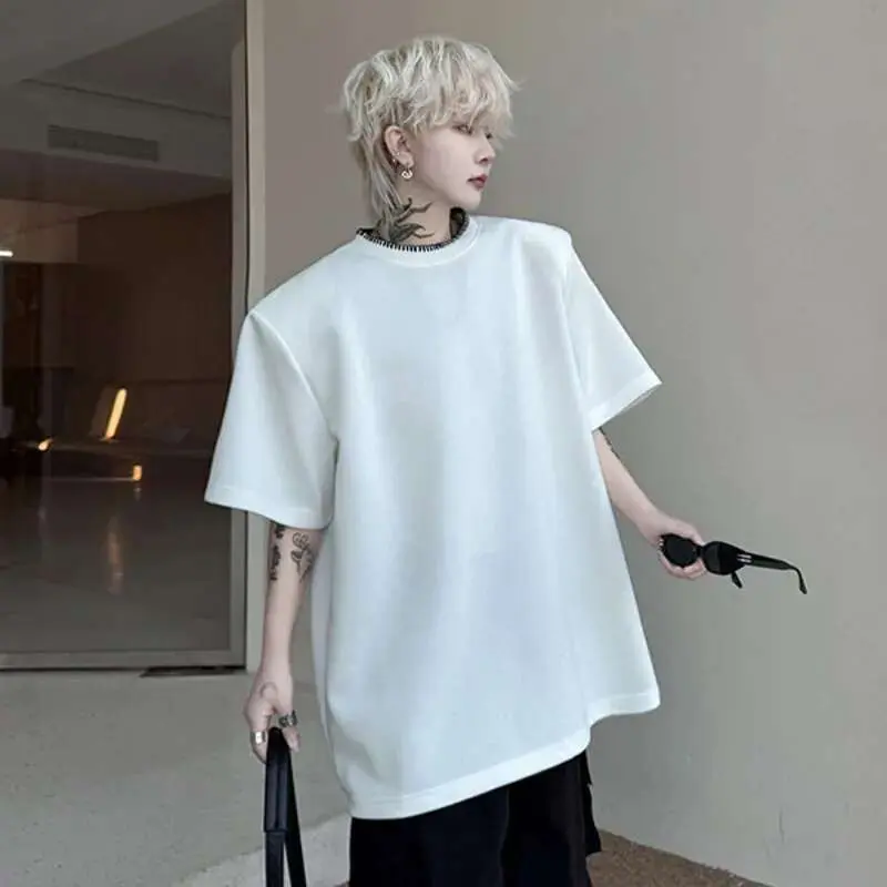 IEFB New Summer Male Short Sleeved T-shirts Round Neck Collar Contrast Color Lines Decoration Loose Menwear Shoulder Pad 9W1496