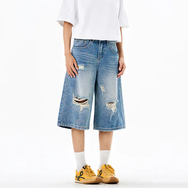 IEFB New Stylish Male Denim Shorts Men's Summer American Style Washed Light Blue Ripped Cropped Jeans Loose Fit Hole 9W3239
